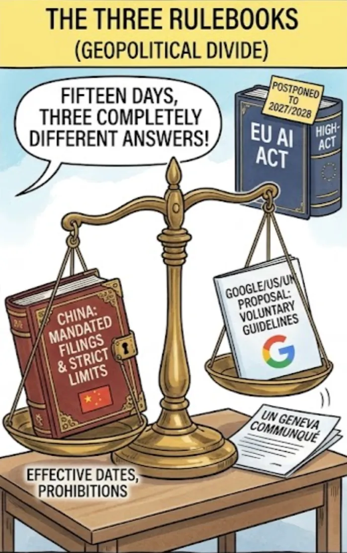 Editorial illustration of a scale weighing heavy Chinese AI regulations against a light US voluntary proposal and a delayed EU AI Act.