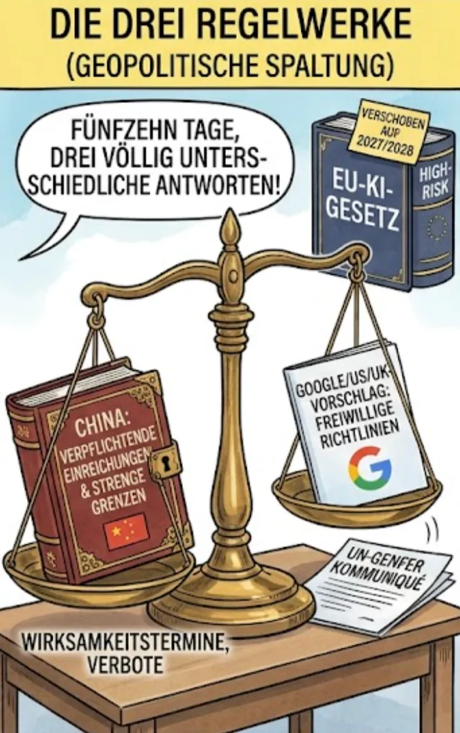 Redaktionelle Illustration einer Waage, die strenge chinesische KI-Vorschriften gegen einen freiwilligen US-Vorschlag und den verzögerten europäischen AI Act abwägt.