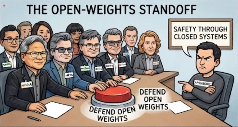 Redaktionelle Karikatur mit dem Titel „The open-weights standoff“: Führungskräfte mit Namensschildern von Nvidia, Meta und Mistral drängen sich um einen großen roten Knopf mit der Aufschrift „Defend open weights“, während eine einzelne Figur mit Anthropic-Schild abseits steht und „Safety through closed systems“ sagt.
